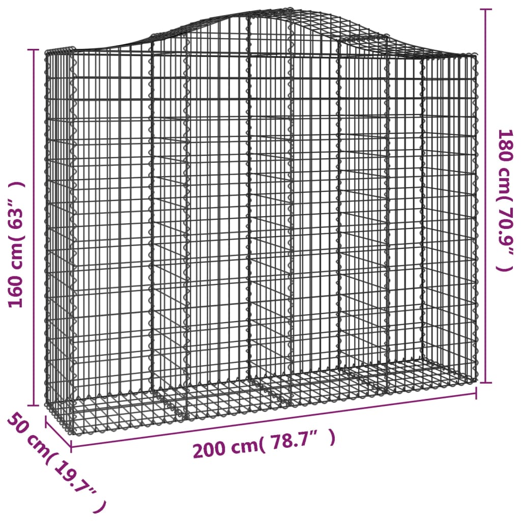 Coș gabion arcuit, 200x50x160/180 cm, fier galvanizat