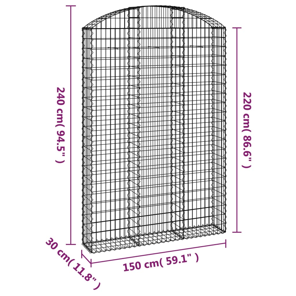 Coș gabion arcuit, 150x30x220/240 cm, fier galvanizat