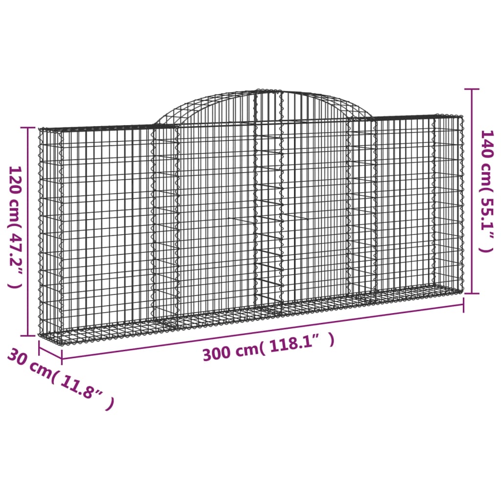 Coș gabion arcuit, 300x30x120/140 cm fier galvanizat