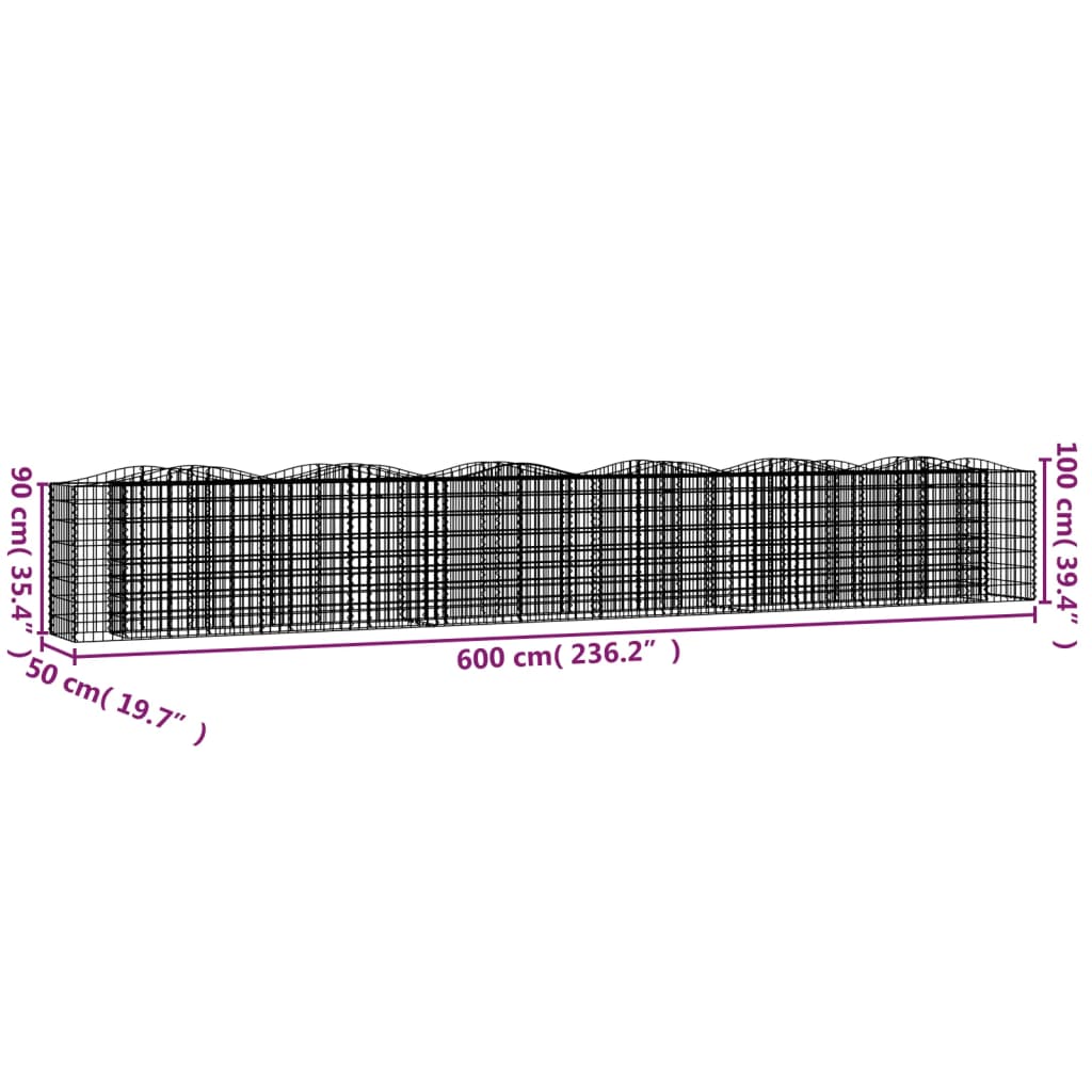 Strat înălțat cu gabion arcuit, 600x50x100 cm, fier galvanizat