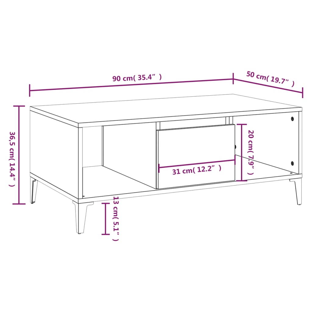 Coffee table, sonoma oak, 90x50x36.5 cm, processed wood