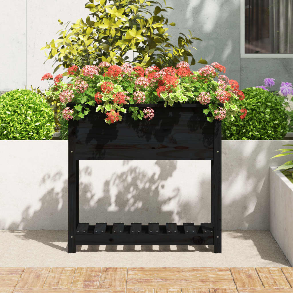 Jardinieră cu raft, negru, 82,5x34,5x81 cm, lemn masiv de pin