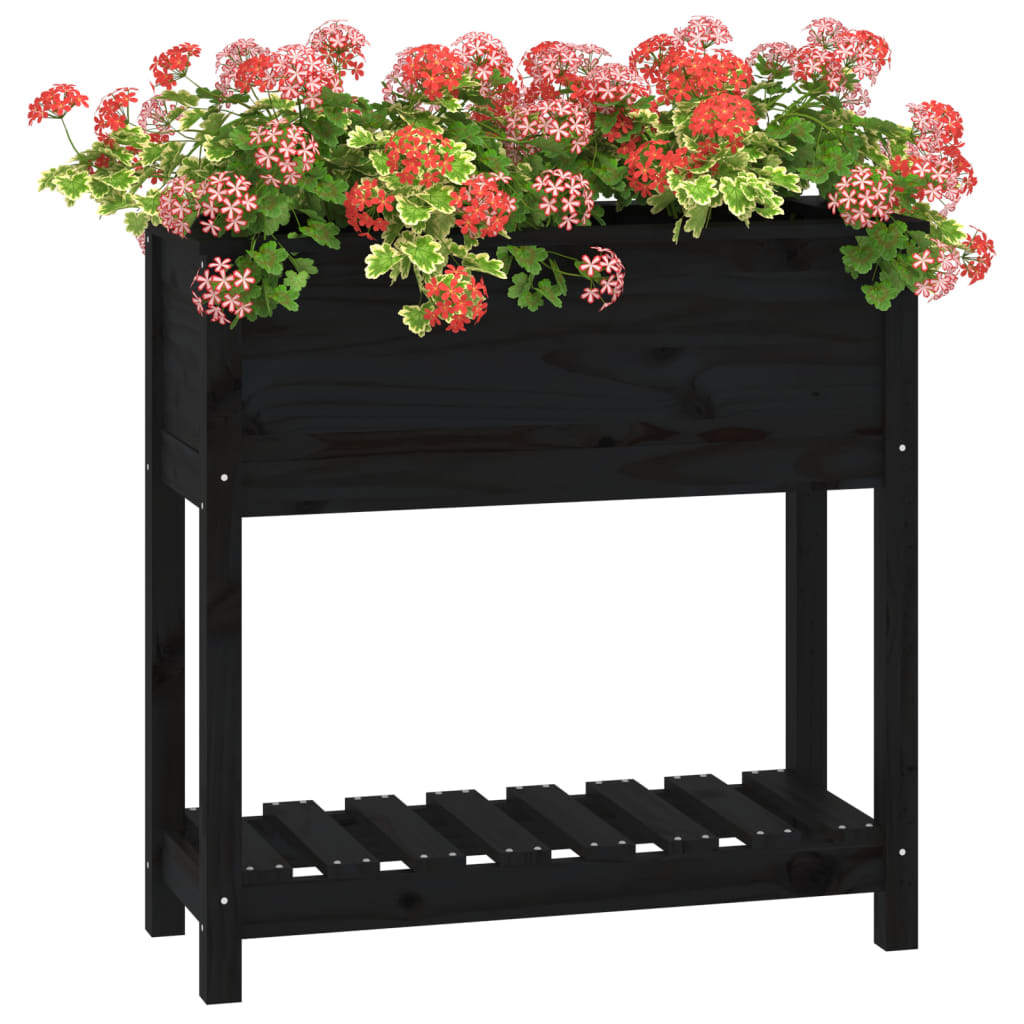 Jardinieră cu raft, negru, 82,5x34,5x81 cm, lemn masiv de pin