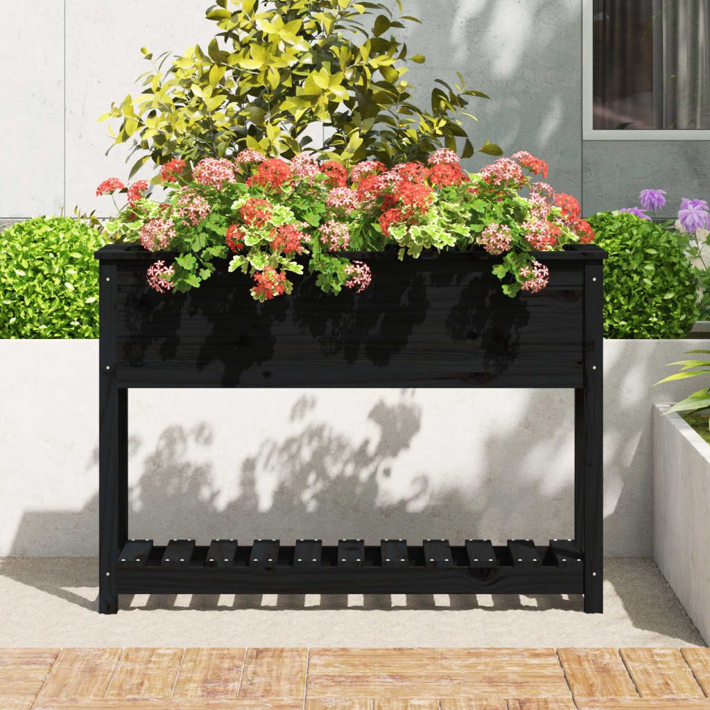 Jardinieră cu raft, negru, 111,5x34,5x81 cm, lemn masiv de pin