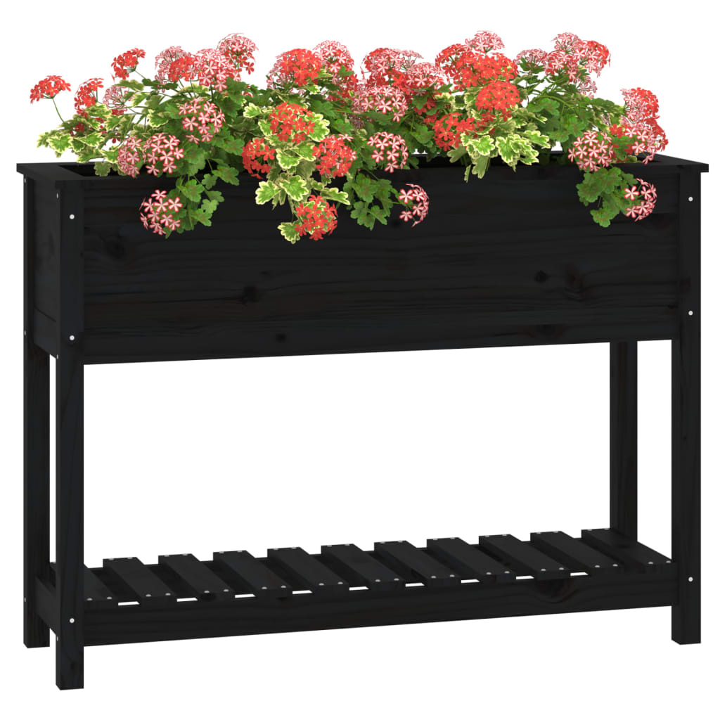Jardinieră cu raft, negru, 111,5x34,5x81 cm, lemn masiv de pin