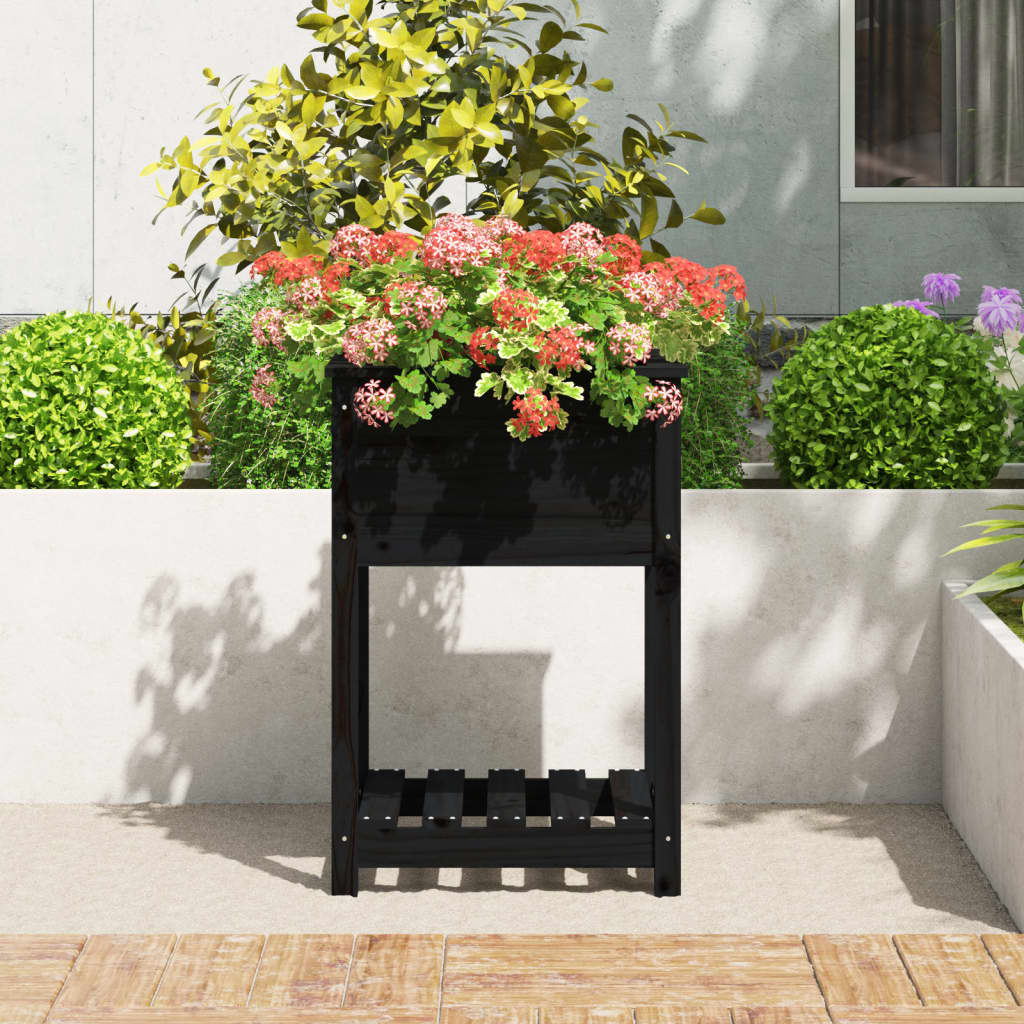 Jardinieră cu raft, negru, 54x54x81 cm, lemn masiv de pin
