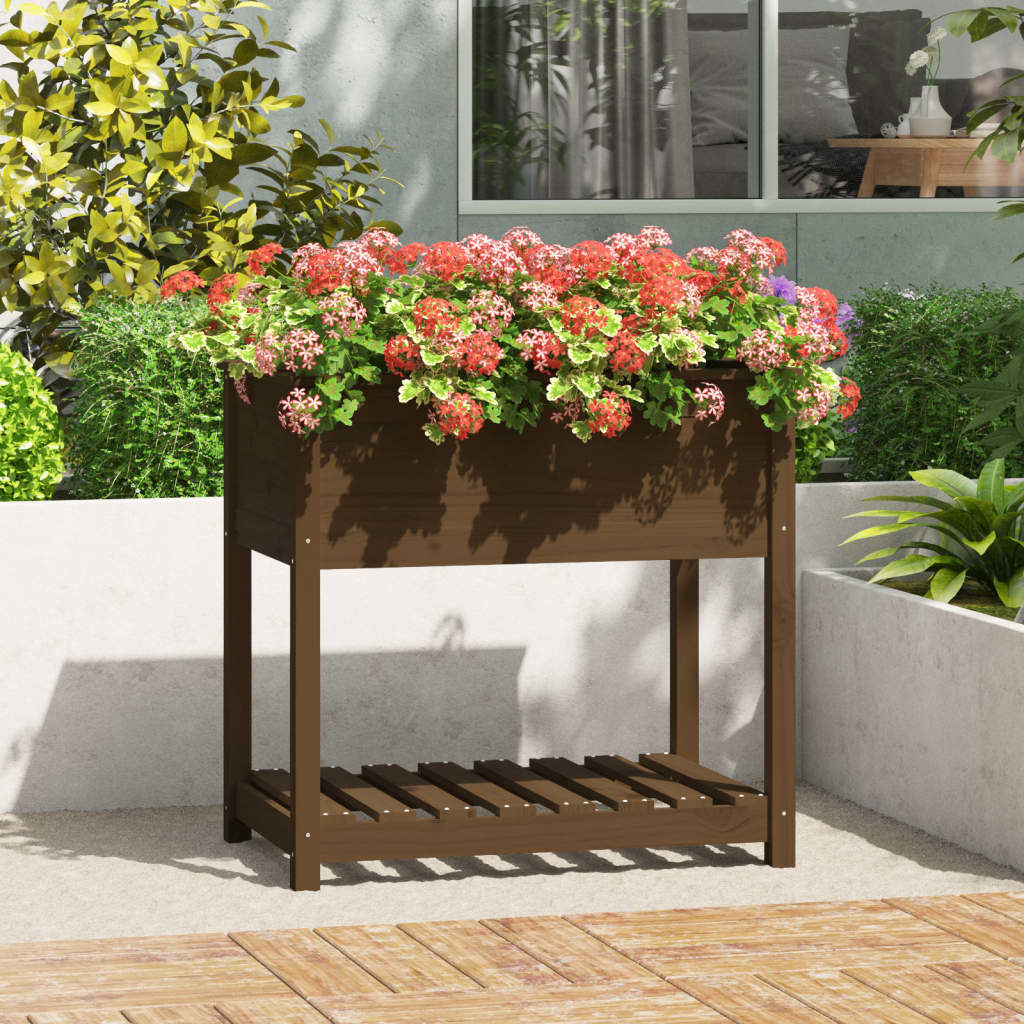 Jardinieră cu raft, maro miere, 82,5x54x81 cm, lemn masiv pin