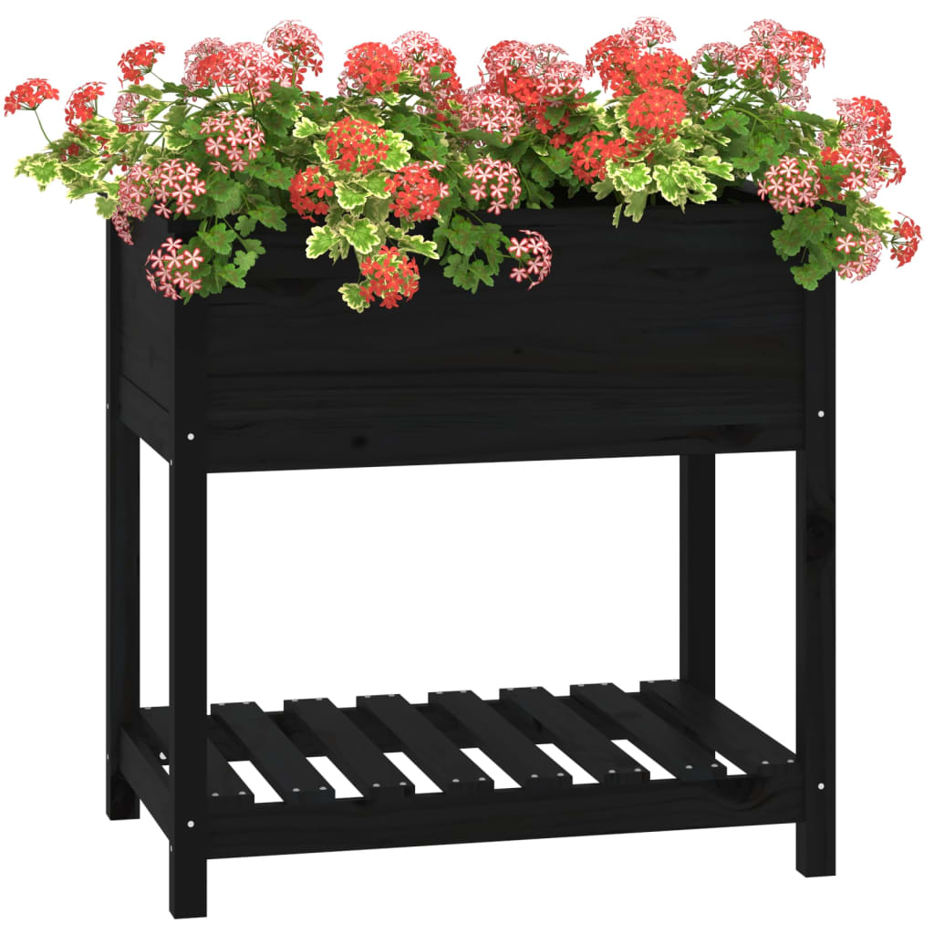 Jardinieră cu raft, negru, 82,5x54x81 cm, lemn masiv de pin