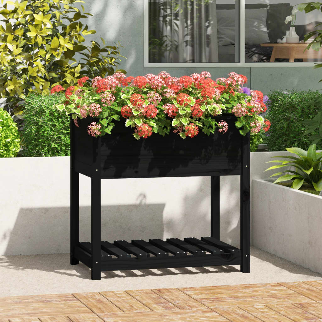 Jardinieră cu raft, negru, 82,5x54x81 cm, lemn masiv de pin