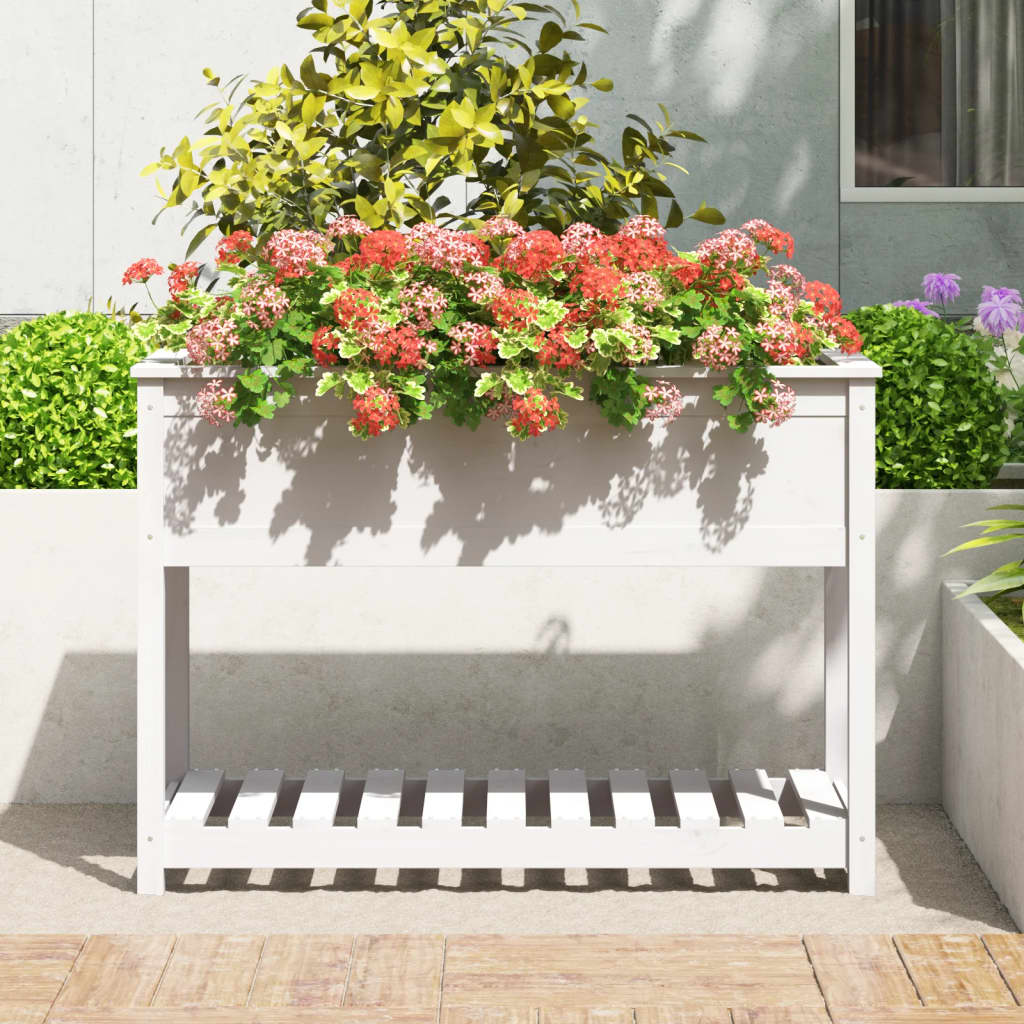 Jardinieră cu raft, alb, 111,5x54x81 cm, lemn masiv de pin