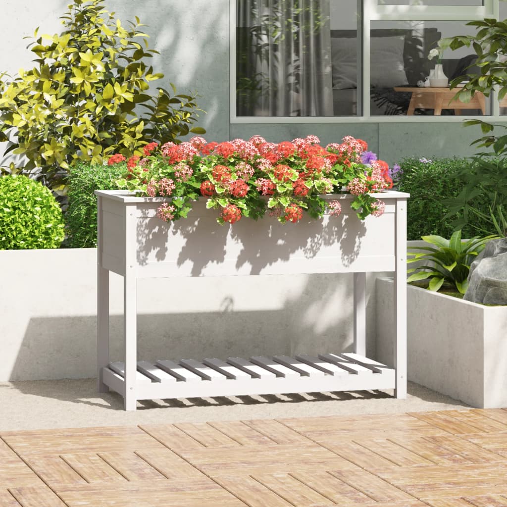 Jardinieră cu raft, alb, 111,5x54x81 cm, lemn masiv de pin