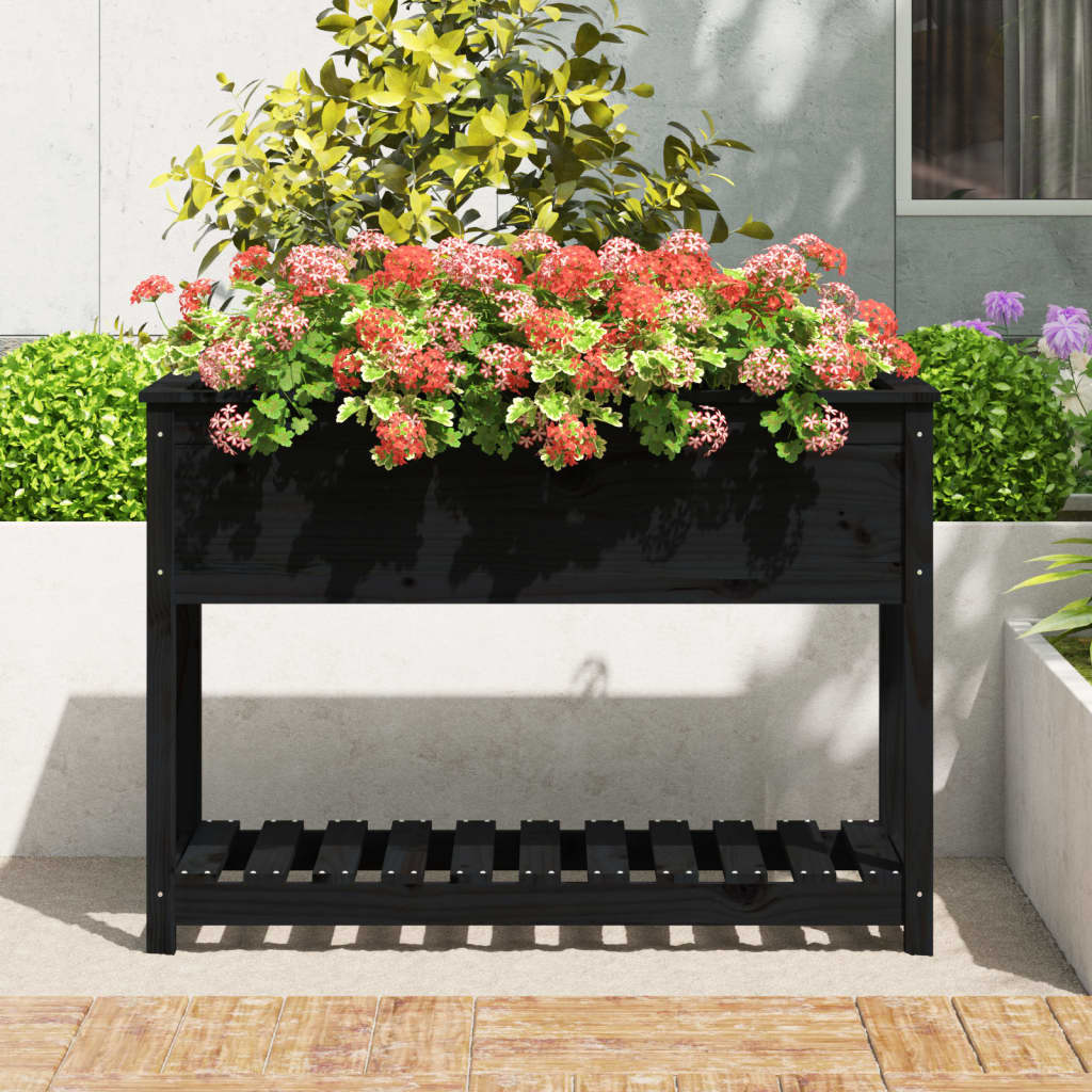 Jardinieră cu raft, negru, 111,5x54x81 cm, lemn masiv de pin