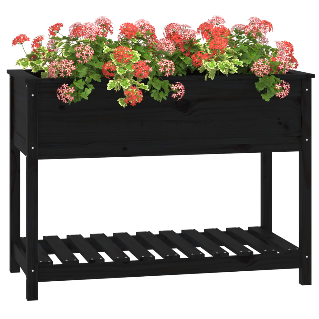 Jardinieră cu raft, negru, 111,5x54x81 cm, lemn masiv de pin