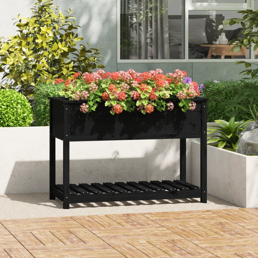 Jardinieră cu raft, negru, 111,5x54x81 cm, lemn masiv de pin