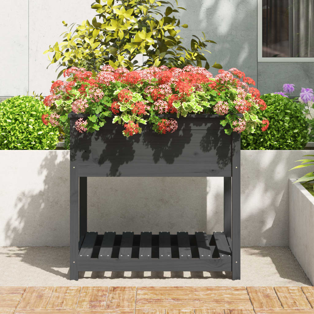 Jardinieră cu raft, gri, 82,5x82,5x81 cm, lemn masiv de pin