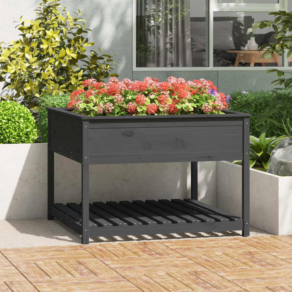 Jardinieră cu raft, gri, 111,5x111,5x81 cm, lemn masiv de pin
