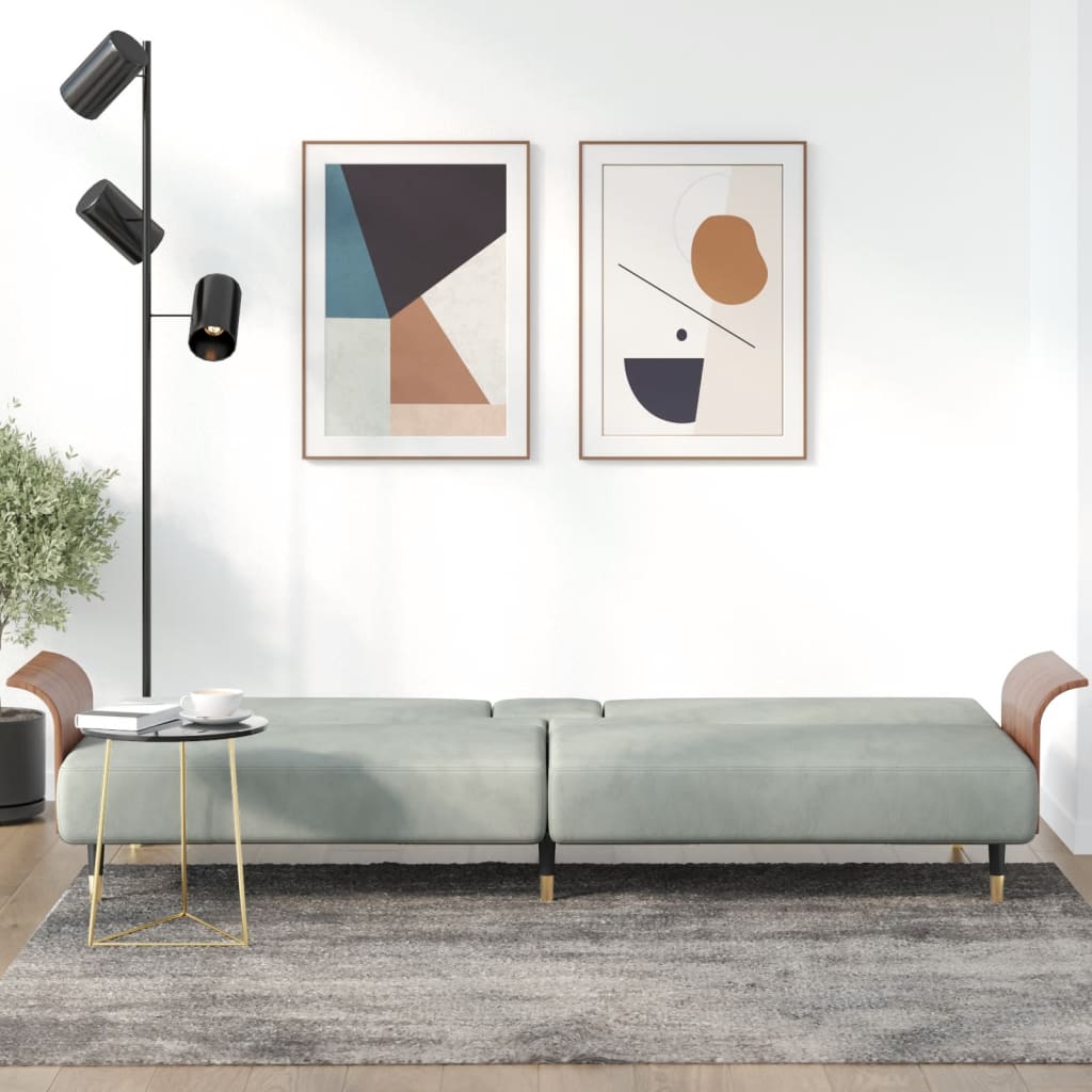 Extendable sofa with cup holders, light grey, velvet