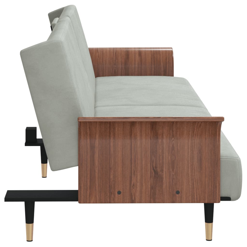 Extendable sofa with cup holders, light grey, velvet