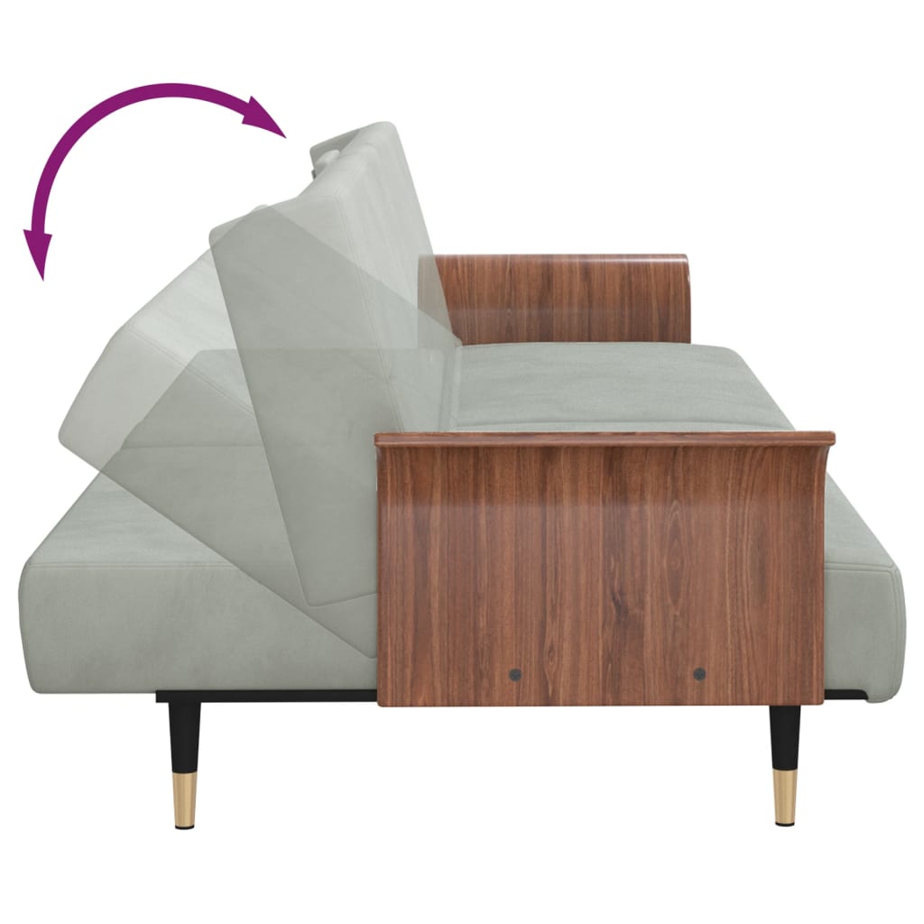 Extendable sofa with cup holders, light grey, velvet