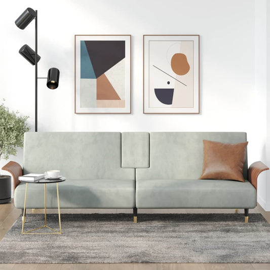 Extendable sofa with cup holders, light grey, velvet