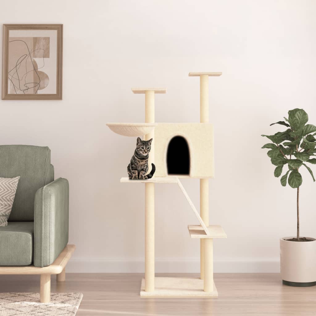 Ansamblu de pisici cu stâlpi din funie de sisal, crem, 143 cm