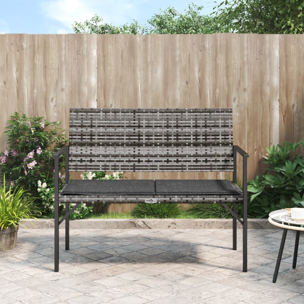 Garden bench with cushion, 2 seats, gray, polyrattan