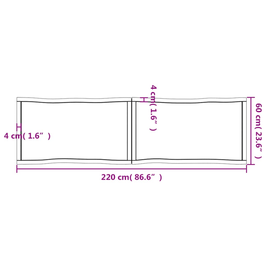 Blat masă 220x60x(2-4) cm lemn stejar netratat contur organic