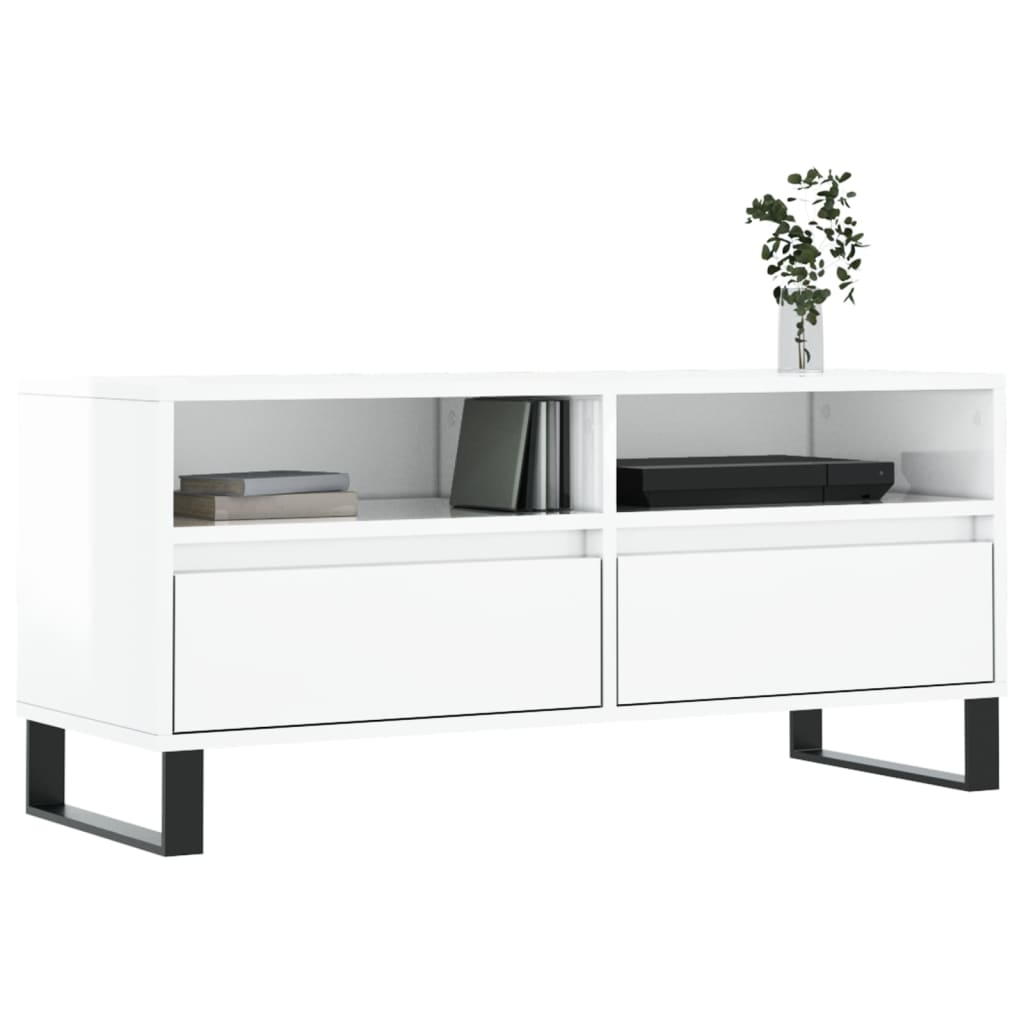 Comodă TV, alb extralucios, 100x34,5x44,5 cm, lemn prelucrat