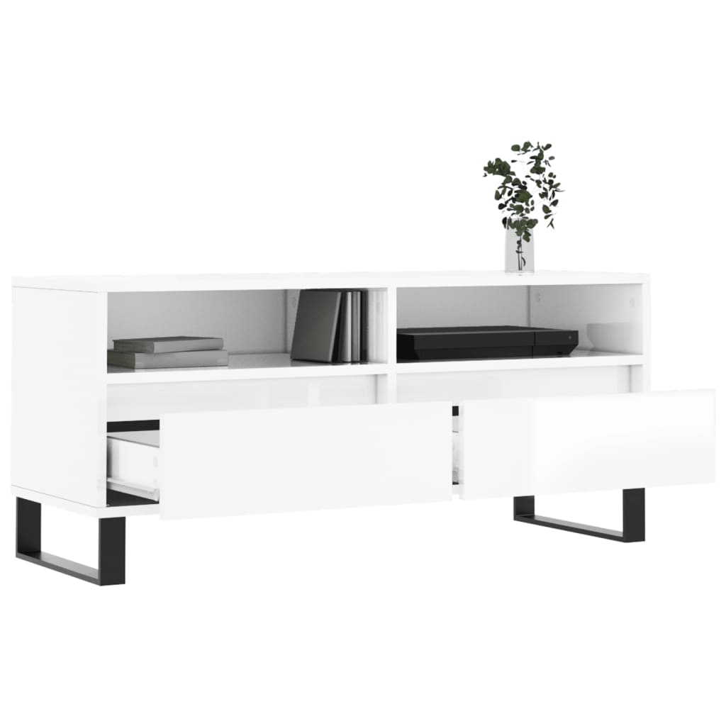 Comodă TV, alb extralucios, 100x34,5x44,5 cm, lemn prelucrat