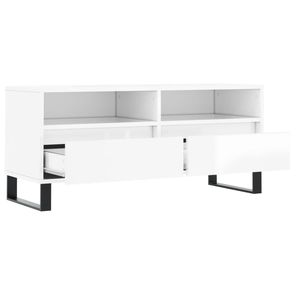 Comodă TV, alb extralucios, 100x34,5x44,5 cm, lemn prelucrat