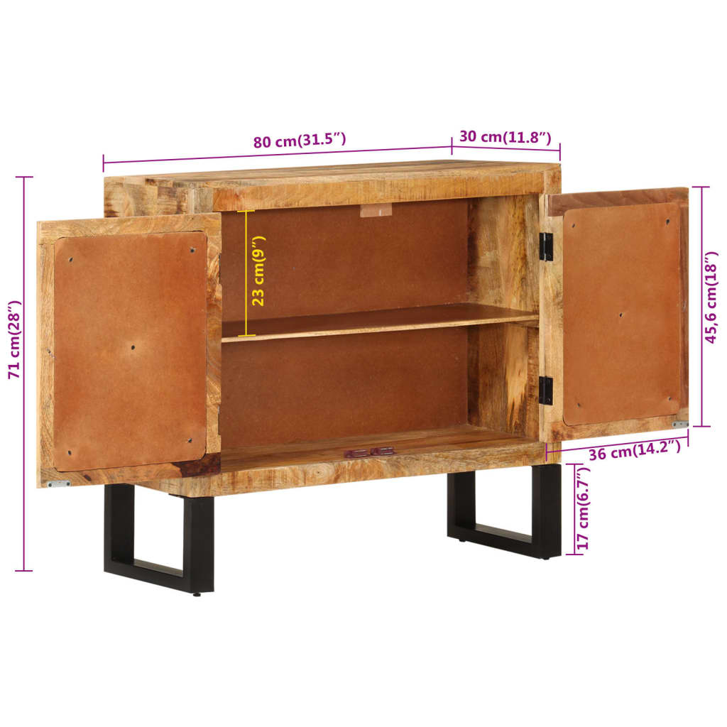 Sideboard, 80x30x71 cm, solid raw mango wood and metal