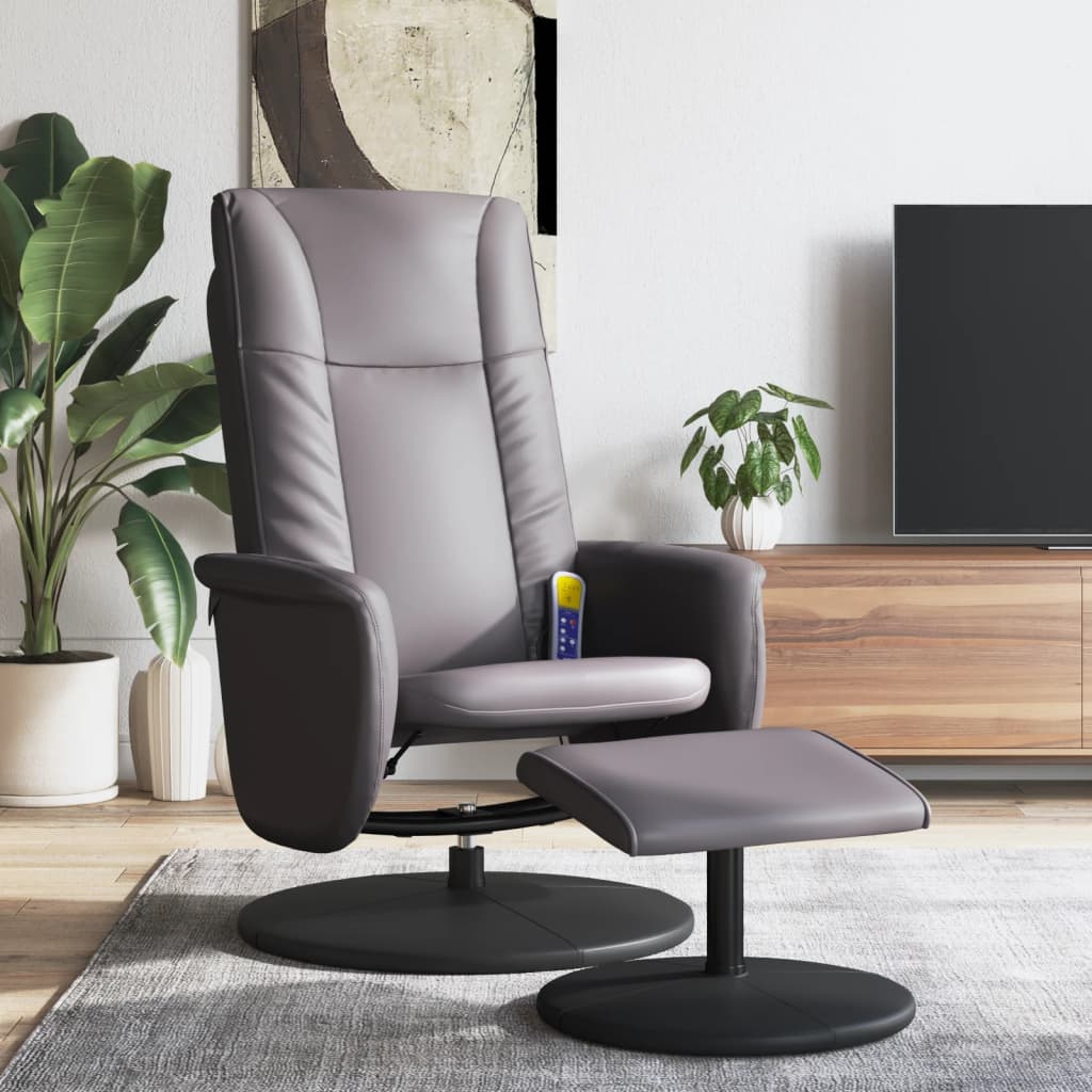Folding massage chair with stool, gray, ecological leather