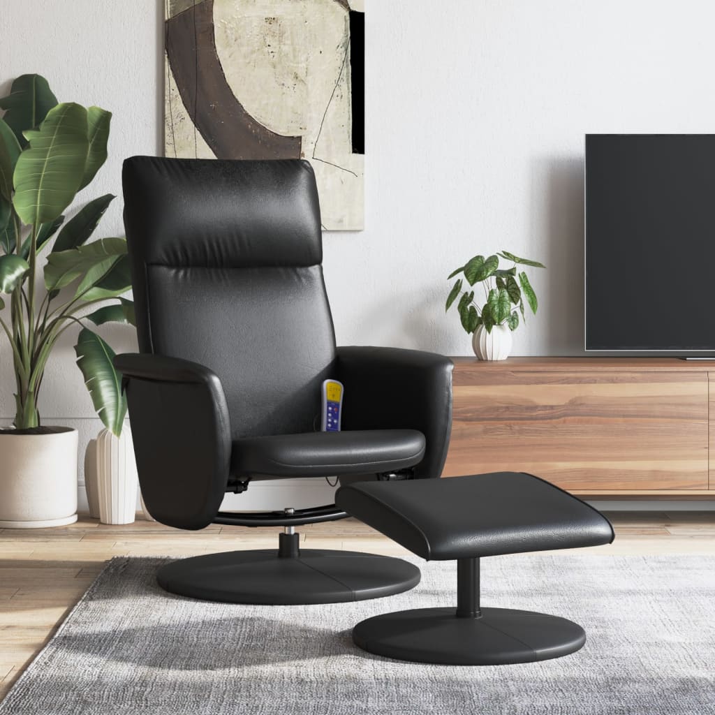 Folding massage chair with stool, black, ecological leather
