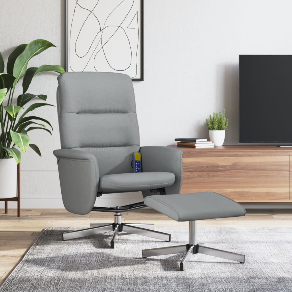 Folding massage armchair with stool, light gray, textile