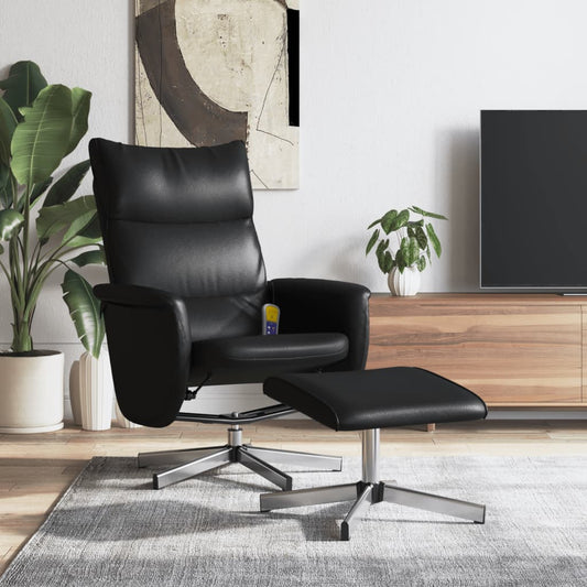 Folding massage chair with stool, black, ecological leather