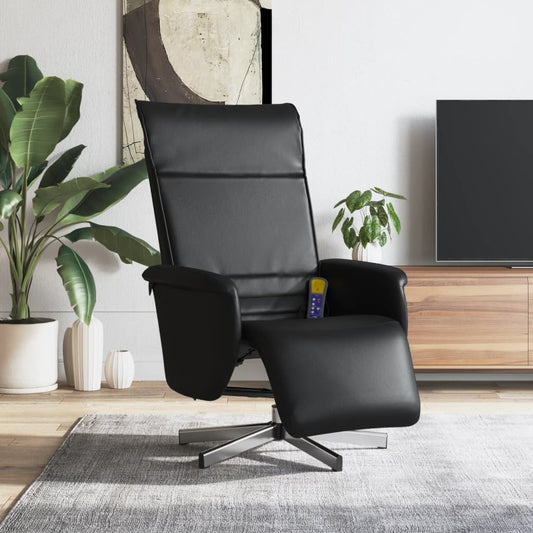 Folding massage chair with stool, black, ecological leather