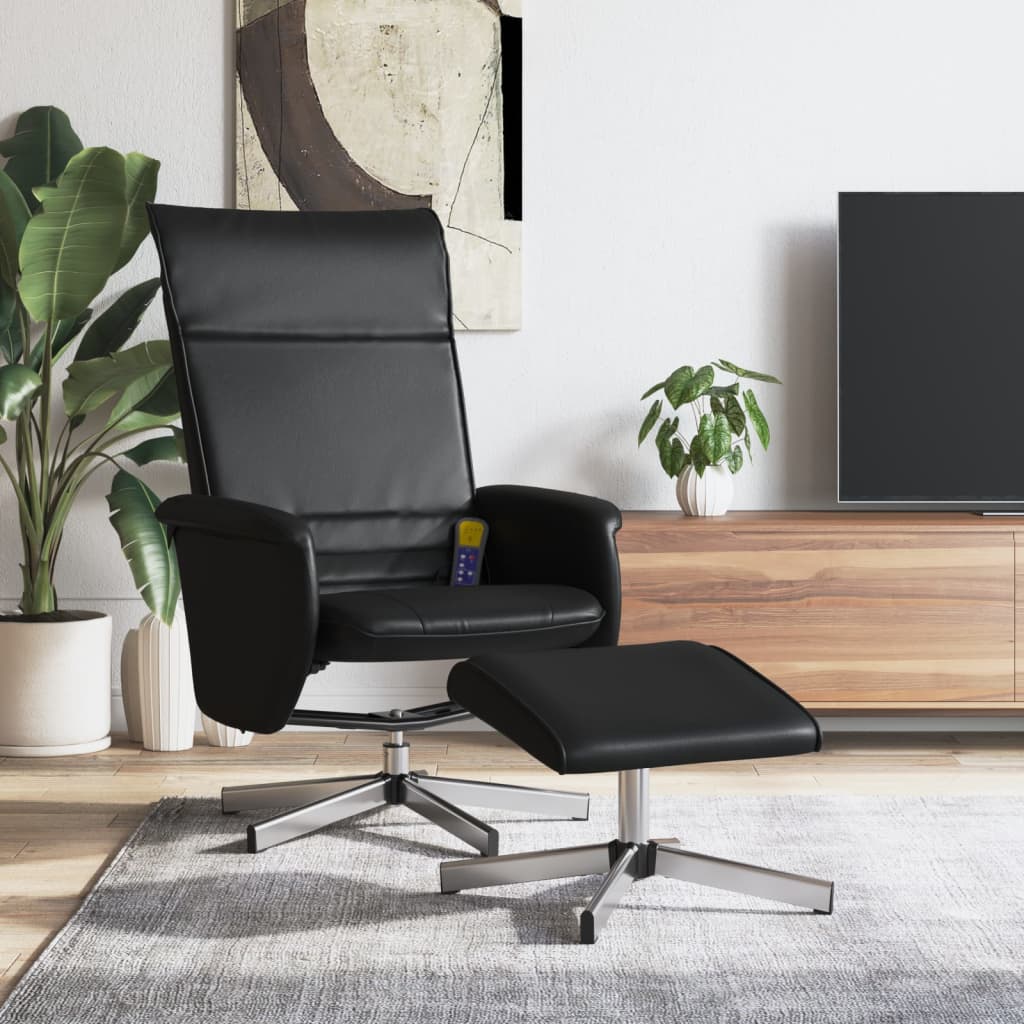 Folding massage chair with stool, black, ecological leather