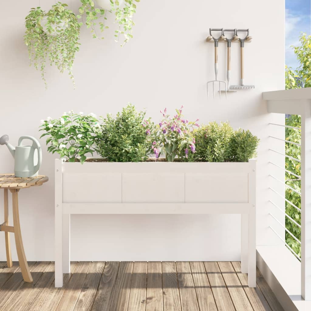 Jardinier de grădină cu picioare, alb, 110x31x70 cm, lemn masiv