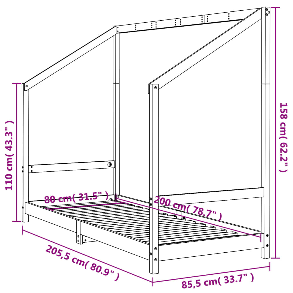 Bed frame for children, white, 80x200 cm, solid pine wood