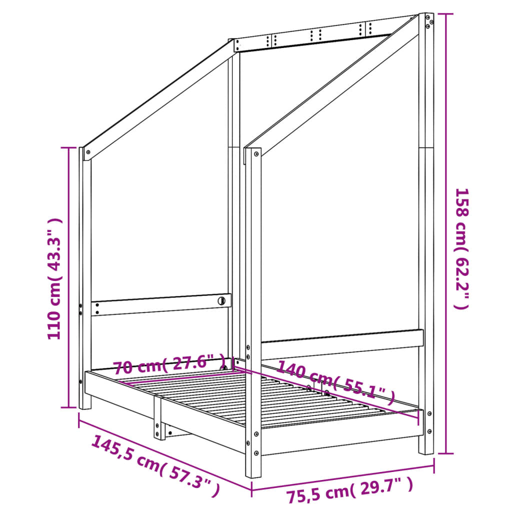 Bed frame for children, 70x140 cm, solid pine wood