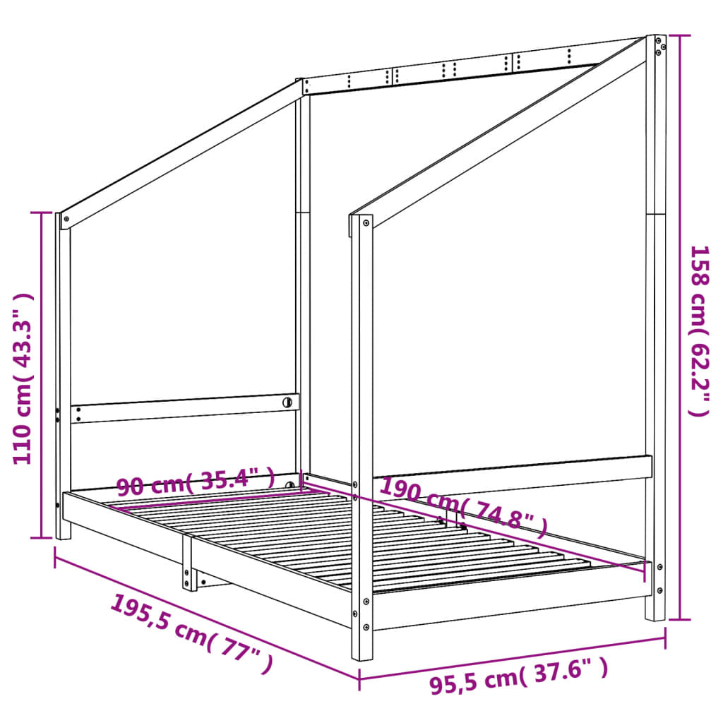 Bed frame for children, 90x190 cm, solid pine wood