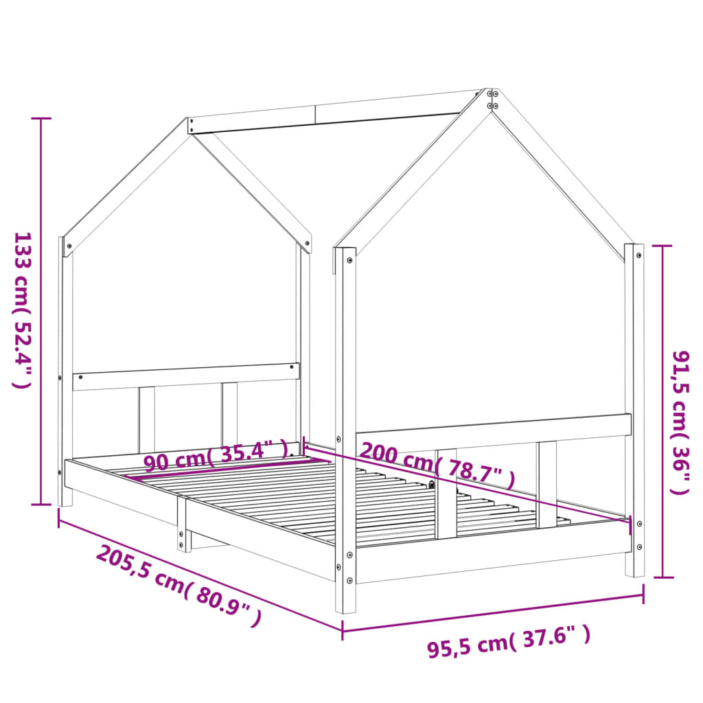 Bed frame for children, white, 90x200 cm, solid pine wood