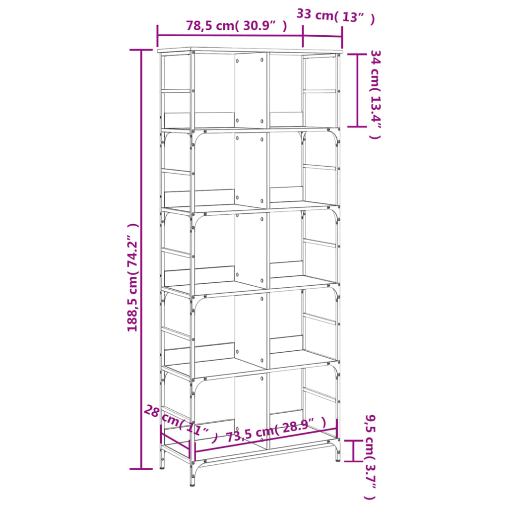 Bibliotecă, negru, 78,5x33x188,5 cm, lemn prelucrat