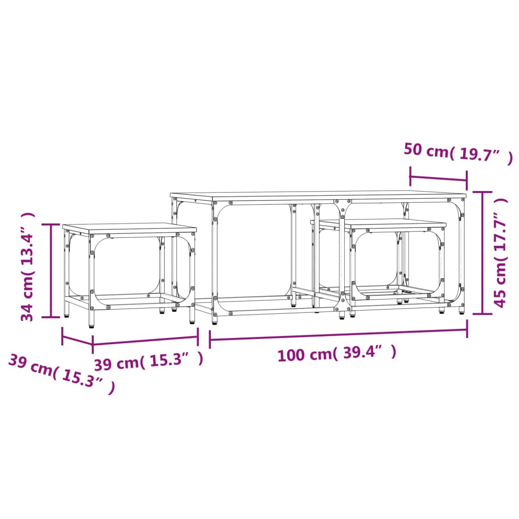 Overlapping coffee tables 3 pcs, smoky oak, processed wood