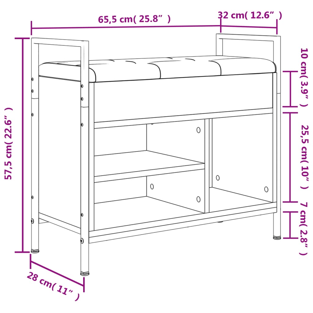 Shoe bench, sonoma grey, 65.5x32x57.5 cm, processed wood