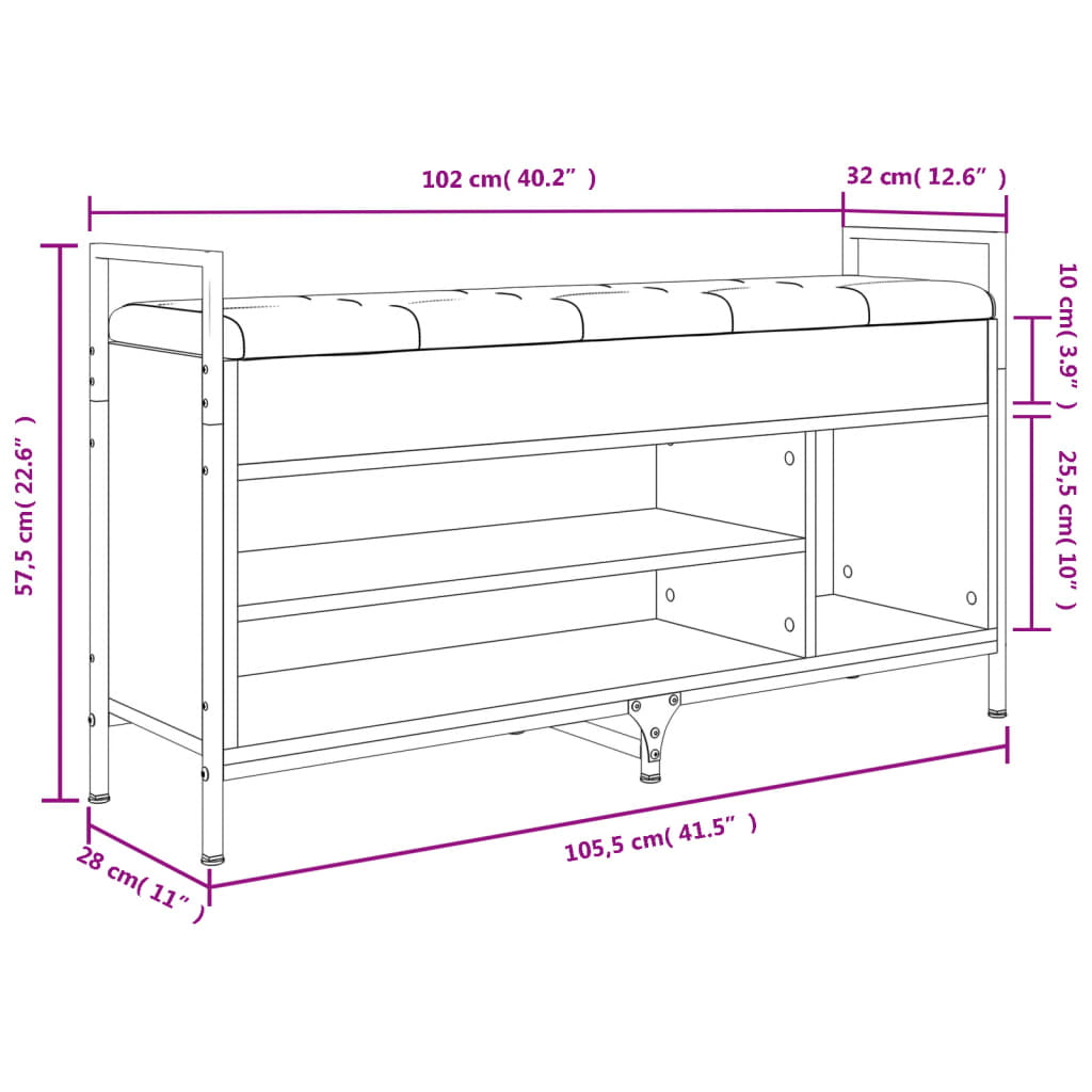 Shoe bench, sonoma grey, 105.5x32x57.5 cm, processed wood