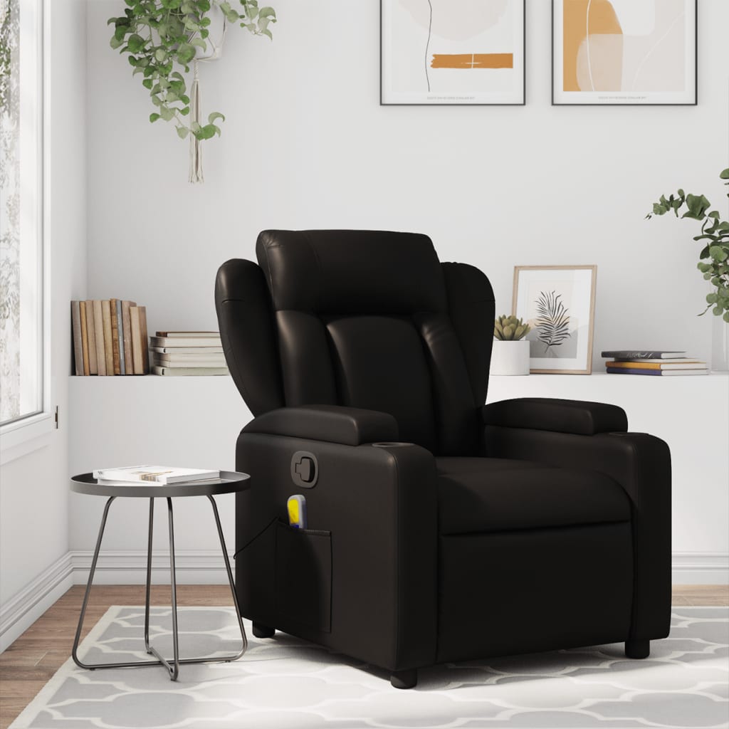 Folding armchair with massage, black, ecological leather