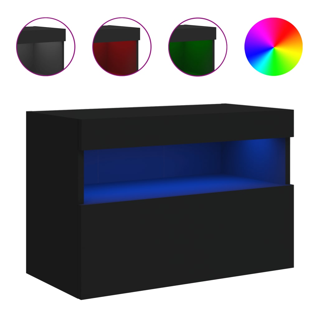 Wall-mounted TV cabinet with LED lights, black, 60x30x40 cm