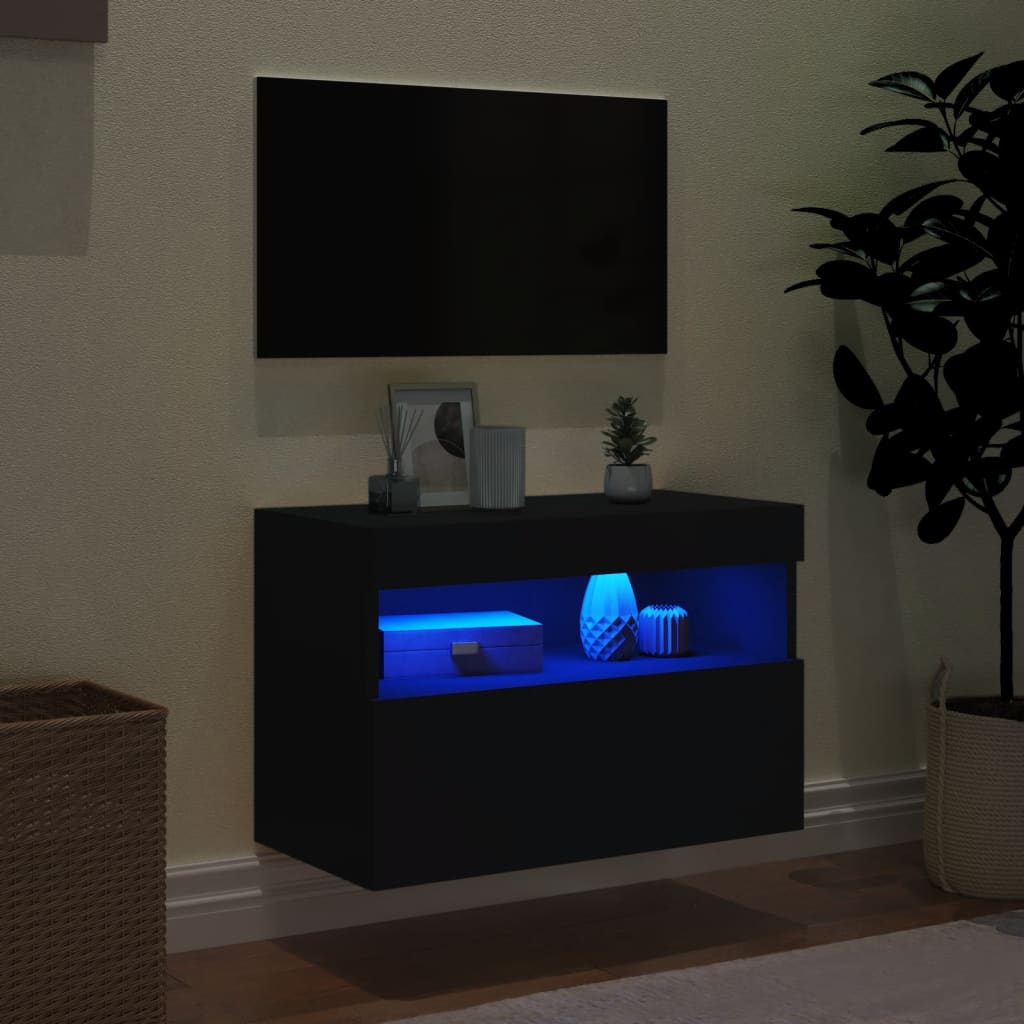 Wall-mounted TV cabinet with LED lights, black, 60x30x40 cm
