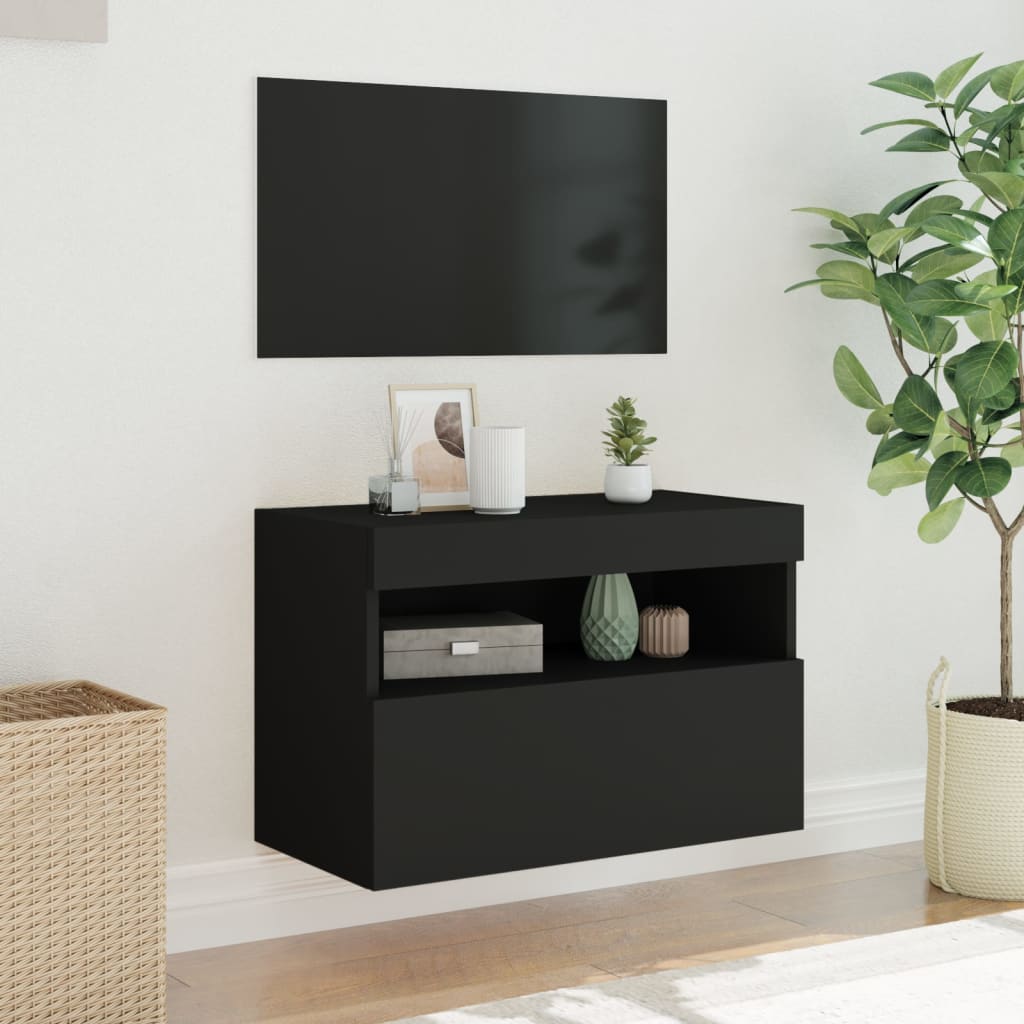 Wall-mounted TV cabinet with LED lights, black, 60x30x40 cm